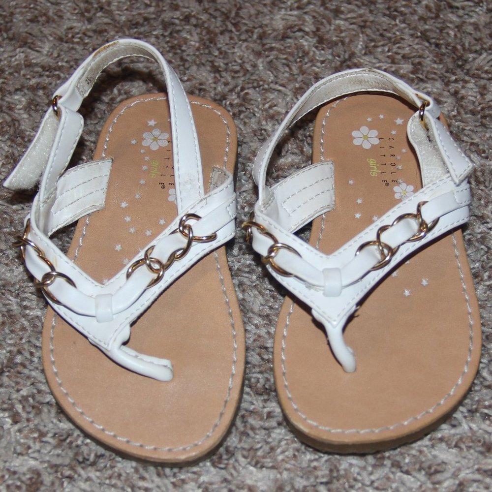 Girls (Toddler) Size 7 White Sandals with Gold Chain Detail & Velcro - Used
